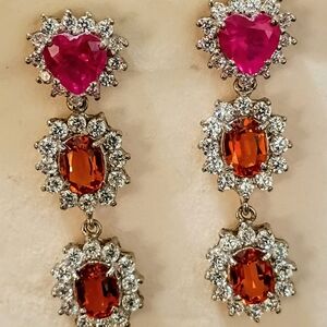 New 925 Silver Genuine Ruby Hearts & Orange Garnets Dangle Drop Elegant Earrings
